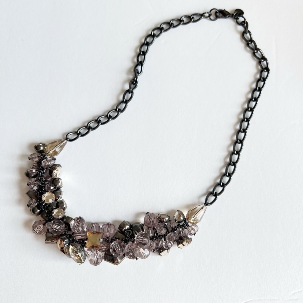 Loft multicolor beaded statement‎ necklace gunmetal chain chunky gemstones